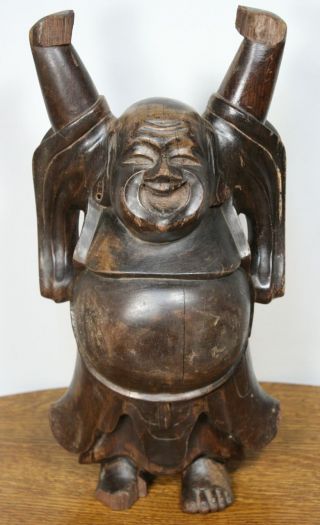 Large Antique Vintage Chinese Budai Statue.  Laughing Fat Buddha Hand Carved Wood
