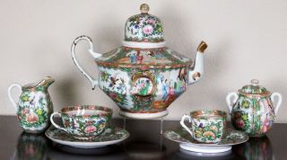 Antique Chinese Porcelain Famille Rose Teapot/coffee Pot Nine Piece Set