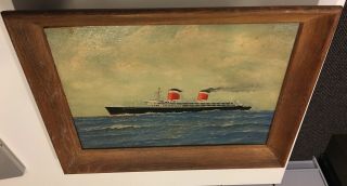 Vintage Oil Painting Uss United States Navy Ship War Folk Art Unsigned