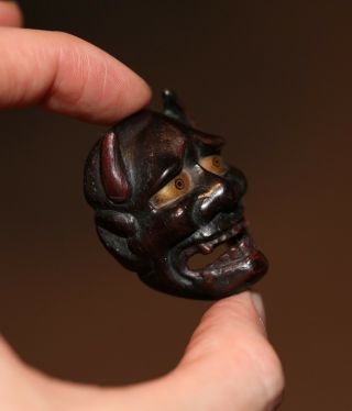 antique Japanese rare carved lacquer Netsuke Demon mask,  signed Deme,  EDO PERIOD 3