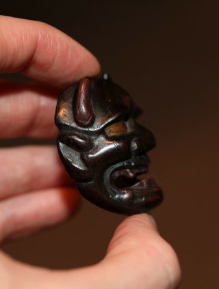 antique Japanese rare carved lacquer Netsuke Demon mask,  signed Deme,  EDO PERIOD 4
