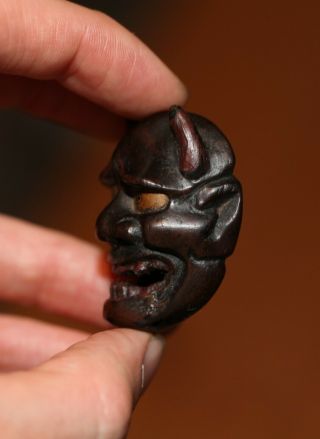 antique Japanese rare carved lacquer Netsuke Demon mask,  signed Deme,  EDO PERIOD 5