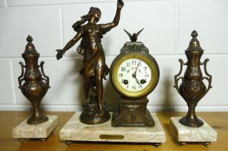 Antique French Clock Set Mantel Marble Clock Figural Mantle Clock