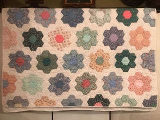 Rare Antique Classic Grandmother Flower Garden Baby Quilt 48 " X 36 " Signed