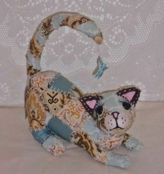 Primitive Folk Art Cat Kitten Doll Hand Stitched Quilt Ooak Textile Art