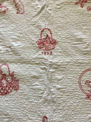 Antique Youth Quilt 65 X 70 White With Red Embroidered Designs