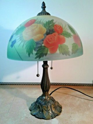 Antique Reverse Painted Shade Roses Arts & Crafts Art Nuveau 18 " Ornate Base