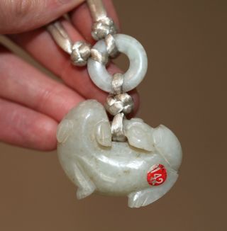 Antique Chinese Carved Jade Cat & Bi Toggle,  Qing Dynasty,  19th Century,  Fine.