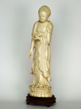 Antique Chinese Carved Standing Buddha Holding Peach On Custom Wooden Stand 2