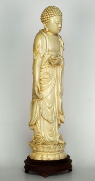 Antique Chinese Carved Standing Buddha Holding Peach On Custom Wooden Stand 3