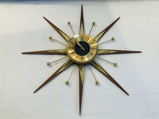 Vintage Rensie Starburst Atomic Wall Clock Mid Century Walnut Wood Brass Mcm
