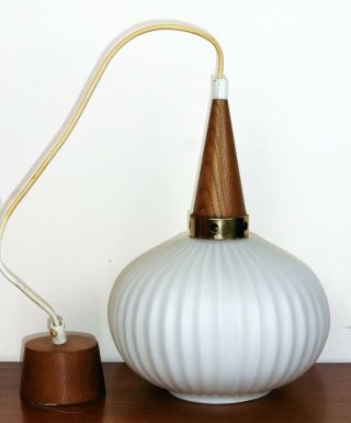 Vintage Mid Century Modern Design Opal Glass Teak Pendant Lamp By Louis Kalff