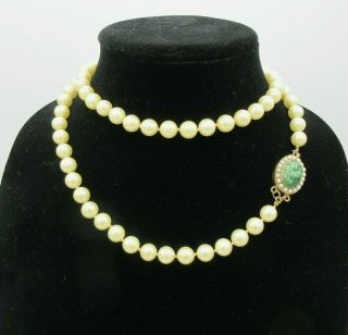 Antique/ Vintage 14 K Gold Chinese Carved Jade Pearl Necklace 33 " - 9.  20 Mm