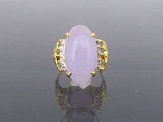 18k Solid Yg Oval Natural Purple Lavender Jadeite Jade,  White Topaz Ring Sz 6.  25