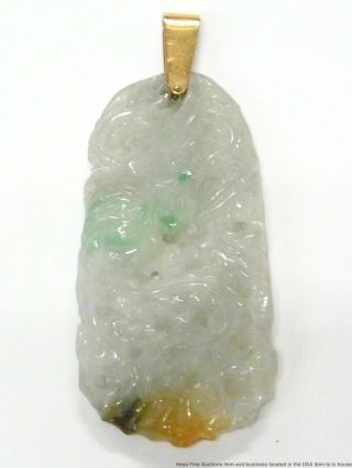 Lg Jadeite 14k Gold Vintage Pendant 110cts Jade Chinese Dragon Antique Amulet
