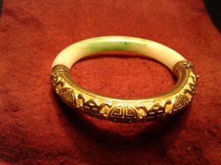 Antique Chinese Vermeil Silver And Natural Jade Bangle Bracelet
