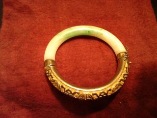 Antique Chinese Vermeil Silver and Natural Jade Bangle Bracelet 2