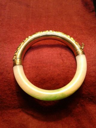 Antique Chinese Vermeil Silver and Natural Jade Bangle Bracelet 3