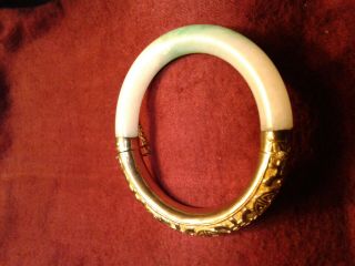 Antique Chinese Vermeil Silver and Natural Jade Bangle Bracelet 4