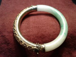 Antique Chinese Vermeil Silver and Natural Jade Bangle Bracelet 5