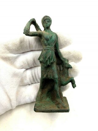Extremely Rare Roman Ca.  300 Ad Bronze Statuette Of Hunting Goddess Diana R21