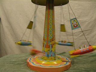 Vintage J Chein Co RIDE A ROCKET Tin Windup Toy Mechanical Carnival Circus Ride 10