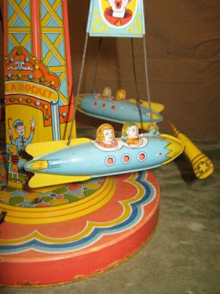 Vintage J Chein Co RIDE A ROCKET Tin Windup Toy Mechanical Carnival Circus Ride 4