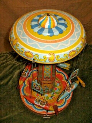 Vintage J Chein Co RIDE A ROCKET Tin Windup Toy Mechanical Carnival Circus Ride 5