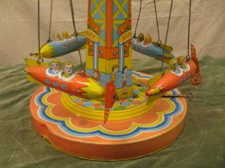 Vintage J Chein Co RIDE A ROCKET Tin Windup Toy Mechanical Carnival Circus Ride 6