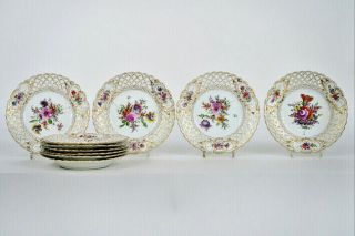 Set 10 Antique Sax Porcelain Plates Reticulated Edge Flower Paintings