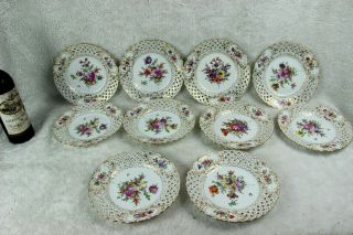 Set 10 Antique sax porcelain Plates Reticulated Edge Flower Paintings 5