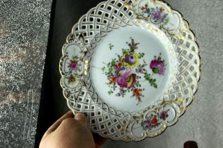 Set 10 Antique sax porcelain Plates Reticulated Edge Flower Paintings 6