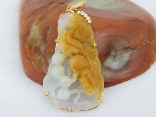 18k Gold Translucent Honey Yellowgreen Lavender Jadeite Jade Carved Fish Pendant