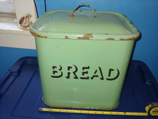 Antique Primitive Enamelware Bread Box Green Embossed Black Letters
