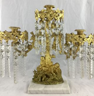 Antique Gold Gilt Metal Triple Candelabra Etched Hanging Crystals Marble Base