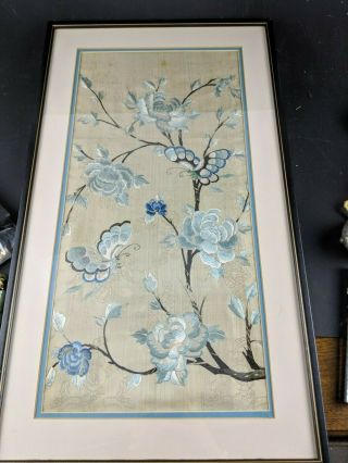 Antique 19 C.  Chinese Qing Dynasty Framed Silk Butterfly Floral Embroidery