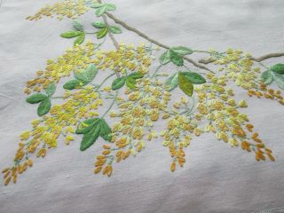Vintage Hand Embroidered Linen Tablecloth - Laburnum Blossom & Foliage
