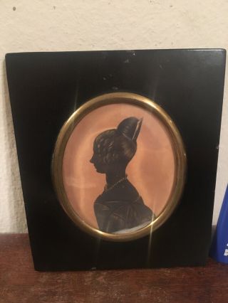 Antique American 19th C Ink Silhouette Portrait Miniature Of A Young Woman Aafa