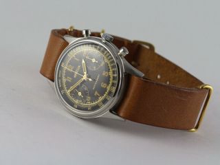 VINTAGE ANGELUS CHRONOGRAPH STAHL STEEL GILT DIAL GALVANISCH HANDAUFZUG CAL 215 7