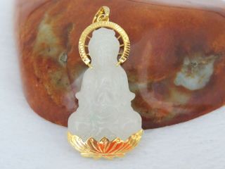 18k Gold Translucent White,  Light Green Jadeite Jade Quan Yin Buddha Pendant