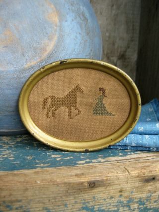 Small Cross Stitch Sampler Antique Wood Frame Woman & Horse