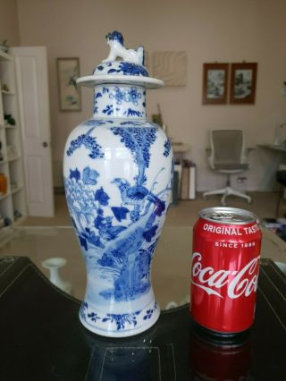 Good Large Chinese 19th C Kangxi Style Blue & White Birds Vase & Cover