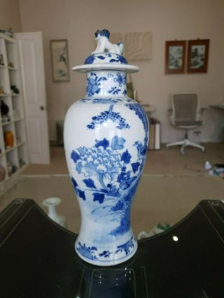 GOOD LARGE CHINESE 19TH C KANGXI STYLE BLUE & WHITE BIRDS VASE & COVER 5