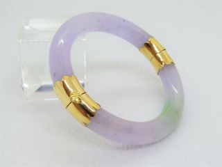 18k Gold Translucent Lavender,  Green Jadeite Jade Hinged Bangle Bracelet 58mm