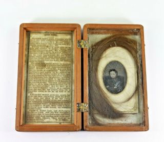 Antique 1871 Memoriam for 2 Year 9 Month Child Blanche,  Wood Box Tin Type Hair 2