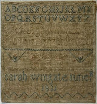 Small Early/mid 19th Century Alphabet & Crown Sampler By Sarah Wingate - 1831
