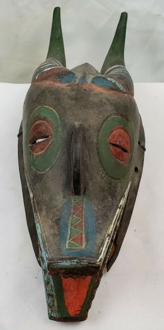 VINTAGE HAND CARVED HAND PAINTED WOOD AFRICAN MASK WITH HORNS 16 inches tall 2