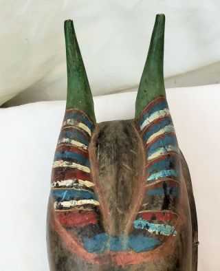 VINTAGE HAND CARVED HAND PAINTED WOOD AFRICAN MASK WITH HORNS 16 inches tall 6