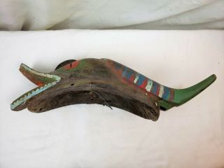VINTAGE HAND CARVED HAND PAINTED WOOD AFRICAN MASK WITH HORNS 16 inches tall 8