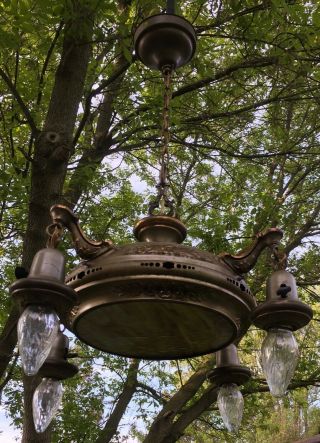 Antique Art Nouveau Ceiling Electric 5 Light Fixture Ornate Brass W/CAST ARMS 8